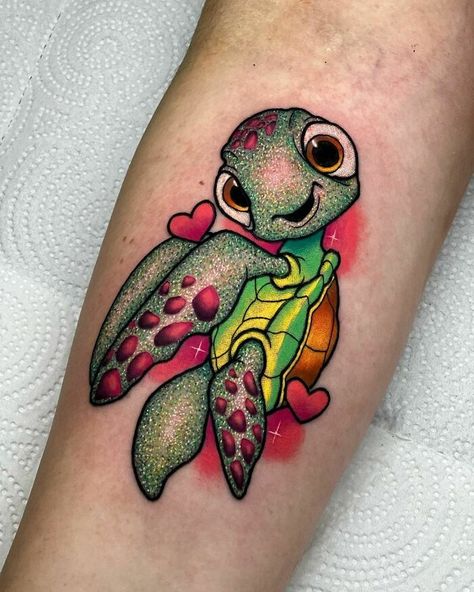 Glitter Tattoo Permanent Disney, Disney Sleeve Tattoos, Tattoo Artists Near Me, Turtle Tattoo Designs, Petit Tattoo, Disney Tattoo, Tatuaje A Color, Turtle Tattoo, Glitter Tattoo