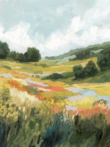 size: 12x9in Art Print: Prairie Grass Vista II by Victoria Barnes : Green Pastures Painting, French Cottage Art, Mixed Media Landscape Painting, Mountain Meadow Painting, Watercolor Art For Wall Decor, Field Of Yellow Flowers Painting, Abstract Field Painting, Cottage Landscape Painting, Texas Landscape Art