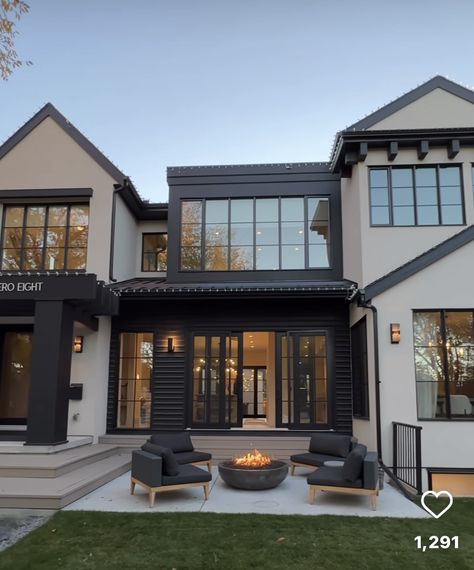 Tan Black House Exterior, Beige And Black House Aesthetic, Black Magic Exterior House, Black And White House With Stone Exterior, Black White House Exterior, Black Houses Exterior, Black House Exterior Modern, Black And Wood House Exterior, White And Black House