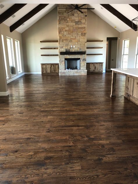 Jacobean cabinets with quartz top and natural and coffee stained red oak floors. Love it!!!❤️ Jacobean Stain On Red Oak, Stained Red Oak Floors, Stained Red Oak, Staining Wood Floors, Natural Oak Flooring, Wood Floor Colors, Jacobean Stain, Red Oak Floors, Flooring Inspiration