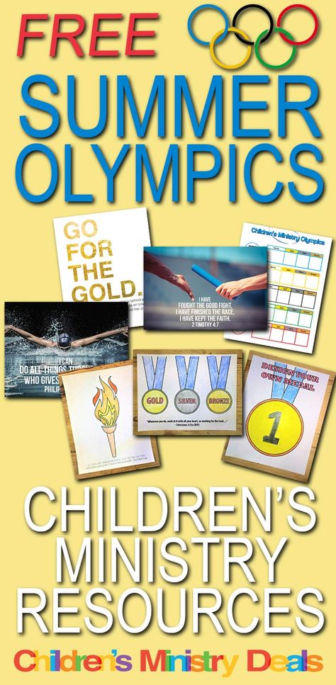 FREE Summer Olympics Children’s Ministry Resources Church Olympic Games, Sunday School Olympics, Olympic Theme Sunday School, Bible Olympics For Kids, Summer Childrens Church Lessons, Vacation Bible School Games, Bible School Games, Sunday School Themes, Childrens Ministry Deals