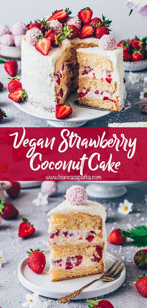 Vegan Cake Recipes Birthdays, Strawberry Coconut Cake, Vegan Coconut Cake, Cake Almond, Strawberry Cake Recipe, Vegan Birthday Cake, Coconut Balls, Vegan Baking Recipes