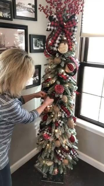 Slim Line Christmas Tree, Ribbon On Pencil Tree, Diy Pencil Christmas Tree, Christmas Pencil Tree Ideas Decorating, Pencil Christmas Tree Decorations Decorating Ideas, Pencil Christmas Tree Themes, Slim Pencil Christmas Tree Decor, Pencil Christmas Tree Topper Ideas, Rustic Pencil Christmas Tree