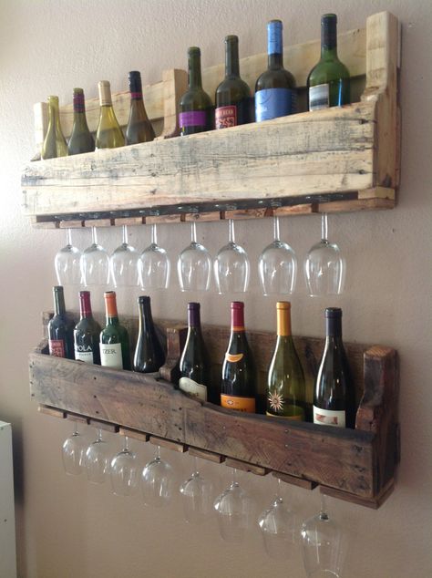 Looking for ways to spice up your basement bar? Whether you’re on the hunt for some low-budget, high-impact ideas to reinvent your space or you’re starting Bar Pallet, Reclaimed Wood Wine Rack, Pallet Wine Rack, Pallet Wine, Wood Wine Racks, Pallet Crafts, Glass Rack, Old Pallets, Pallet Ideas