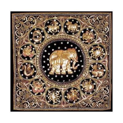 Oriental Furniture Burmese Elephant Horoscope Tapestry Straw Art, Myanmar Art, Asian Wall Art, Embroidered Elephant, Charity Auction, Asian Decor, Woven Wall Hanging, Tapestry Wall, Burmese