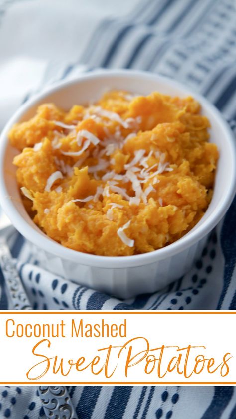 Fresh sweet potatoes mashed with coconut milk, coconut flakes butter and salt are super creamy and delicious. Sweet Potatoes Mashed, Vegan Mashed Sweet Potatoes, Recipes Using Coconut Milk, Whipped Sweet Potatoes, Potatoes Mashed, Sweet Potato Recipes Mashed, Coconut Lime Chicken, Vegetable Side Dishes Recipes, Coconut Sauce