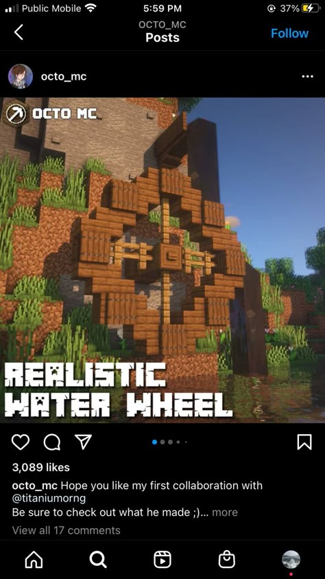 Minecraft Wheel House, Minecraft House With Water Wheel, Minecraft Water Wheel Design, Minecraft Water Wheel House, Water Builds Minecraft, Minecraft Village Bell Ideas, Water Mill Minecraft, Water Wheel Minecraft, Minecraft Forge Design