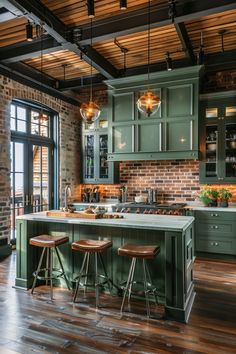 Green And Brick Kitchen, Moss Green Kitchen, House Palettes, Sage Green Interior, Sage Green Cabinets, Sage Green Kitchen Cabinets, Cupboard Organization, Sage Kitchen, Amazing Kitchens