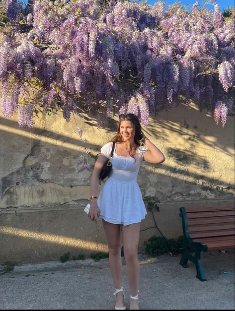 cream wedges, white hollister mini dress, saddle bag dior, south of france Hollister Dresses Summer, White Short Sundress, Sundress Aesthetic, Sundress Outfit, Short Sundress, White Dress Outfit, White Sundress, Summer Wedges, Hollister Dresses