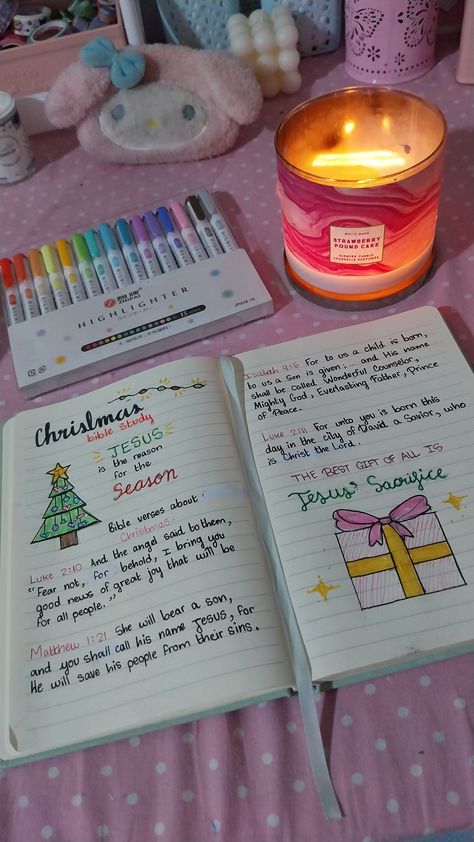 Christmas bible study!! 🎄 | 🛍: highlighters from shein, candle from bath and body works <3 | 🏷: #bible #biblestudy #christian #christmas #christiangirl #god #jesuslovesyou Christmas, Bible study, Bible, Christian girl | 💌 Christmas Bible Study For Teens, Teen Girl Bible Study Ideas, Girls Bible Study Ideas, Christmas Bible Journaling Ideas, Christmas Bible Journaling, Devotional Notes, Teen Girls Bible Study, Christmas Bible Study, Girl Bible Study