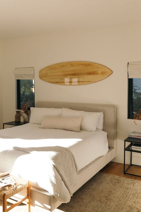 Wooden Decorative Surfboard Wall Art – Settlers Club Minimalist Beach Apartment, California Surf Style Home, Coastal Surf Decor, Malibu Bedroom Aesthetic, Surf Board Decoration Wall Decor, Surfboard On Wall Bedroom, Surf Cottage Style, Surfboard Above Bed, Wood Surfboard Decor