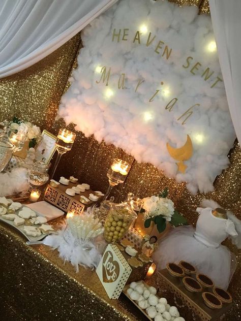 Angel Baby Shower, Baby Shower Party Themes, Angel Theme, Baby Shower Party Ideas, Shower Party Ideas, Baby Shower Inspiration, Gold Baby Showers, Baby Shower Princess, Shower Themes