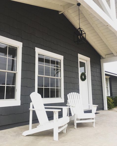 Dunn Edwards Boat Anchor Gray Painted House Exterior Dark Gray Outside House Colors, Bluish Gray House Exterior, Dunn Edwards Black Paint, Painted House Exterior, Teal Feature Wall, Painting The Front Door, Dark Exterior House, Bunkie Ideas, Exterior Aesthetic