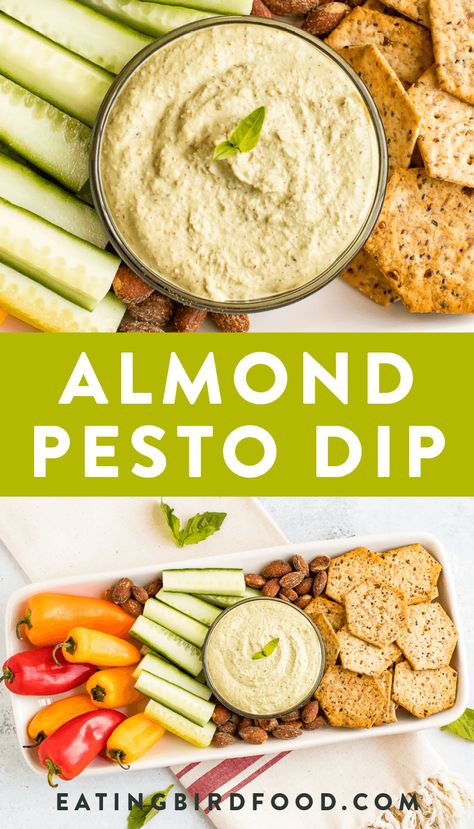 A copycat recipe for Pesto Bitchin' Sauce. This creamy almond pesto dip (or sauce) is made with almonds, fresh basil, lemon juice and nutritional yeast. Trust me, you'll want to put it on everything! It's vegan, gluten-free, low-carb and high in protein. #lowcarb #pesto #dip #protein #almond #eatingbirdfood Almond Dip Recipe, Recipe For Pesto, Almond Pesto, Nutritional Yeast Recipes, Pesto Dip, Vegan Dip, Healthy Dips, Photo Food, Vegan Sauces