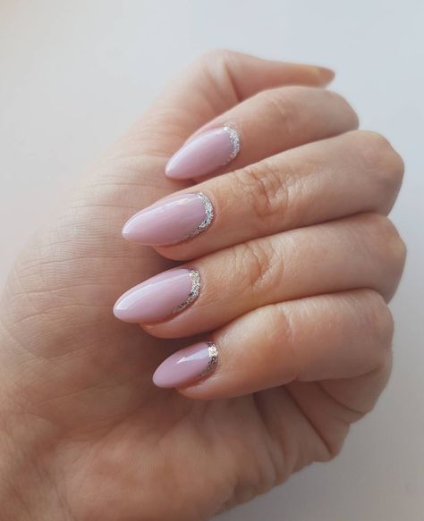 Purple-pink nails with silver glitter By @usvictorianails Silver Reverse French Nails, Lilac Silver Nails, Glitter Line Nails, Pink Nails With Silver Glitter, Lilac Nails With Glitter, Cutesy Nails, Nails With Silver Glitter, Purple And Pink Nails, Purple And Silver Nails