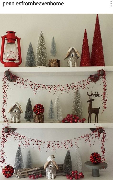 This cute Christmas display is from penniesfromheaven IG account. Decorating Bookcases For Christmas, Christmas Frame Decor, Wall Shelf Christmas Decor, Christmas Shelf Decorations, Christmas Ledge Decorations, How To Decorate Shelves For Christmas, Christmas Archway Decor Indoor, Christmas Shelf Decor Ideas, Christmas Decor Shelf