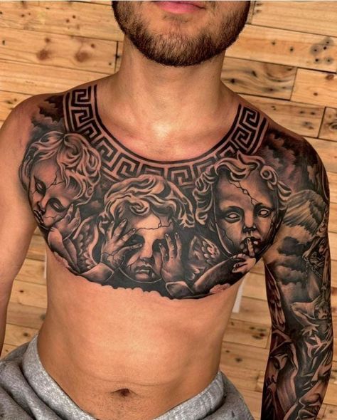 Chest Piece Tattoo Men Design, Mens Stomach Tattoo, Tato Realis, Shen Long Tattoo, Full Neck Tattoos, Full Chest Tattoos, Half Sleeve Tattoos Forearm, Torso Tattoos, Realistic Tattoo Sleeve