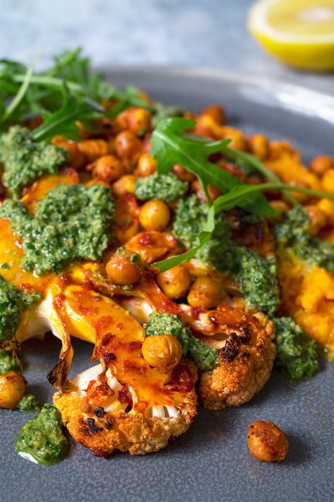 Harissa Glazed Cauliflower 'Steaks' & Sweet Potato Mash Harissa Cauliflower, Vegan Weeknight Meals, Tasty Cauliflower, Harissa Recipes, Sweet Potato Mash, Walnut Pesto, Kale Pesto, Cauliflower Steaks, Crispy Chickpeas