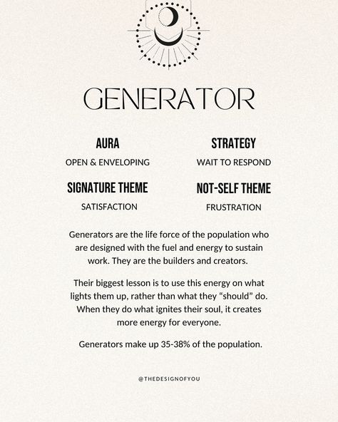 Starting back at the basics with Energy Type! When you start learning about Human Design, the first thing that you will learn about is your energy type✨ There are 5 energy types: Generators, Manifesting Generators, Projectors, Manifestors, and Reflectors 🤍 Energy type is all about how your energy functions in various parts of your life. It reveals your innate strengths and weaknesses, and acts as a manual to help you tap into your potential to live a fulfilling and aligned life! What’s yo... Pure Generator Human Design, Generators Human Design, Generator Human Design, Human Design System, Holistic Therapies, Human Design, Ancient Wisdom, Spiritual Healing, Guide Book