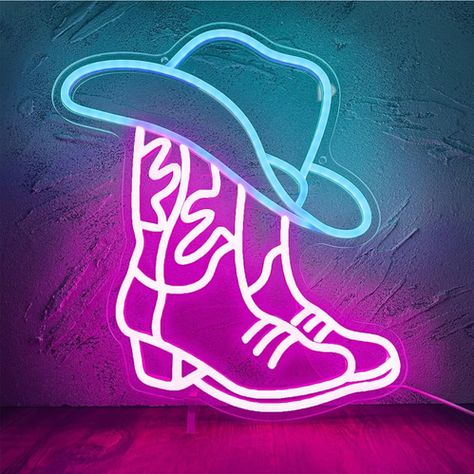 Cowboy Boot and Hat Neon Sign, LED Pink Cowgirl Boots Neon Sign Wall Decor, Pink | Monogram Markets Blue Cowboy Hat, Game Room Bedroom, Bilik Permainan, Stylish Room Decor, Pink Cowboy Boots, Pink Cowgirl Boots, Neon Sign Wall, Cowboy Shoes, Western Wall Art