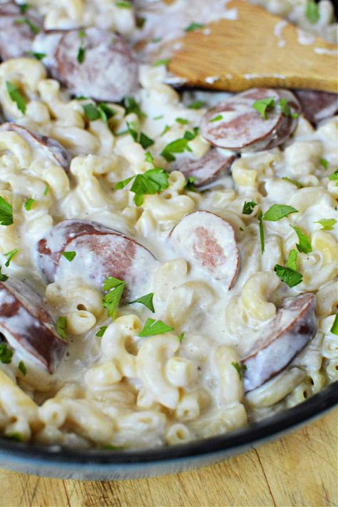 Easy one pot creamy kielbasa and pasta recipe with cream cheese in a skillet is here. Make cajun spicy or mild for a cheap family dinner. Kielbasa And Pasta, Creamy Kielbasa, Kielbasa Pasta Recipes, Instant Pot Beans Recipe, Kielbasa Pasta, Cheap Family Dinners, Beef Recipe Instant Pot, Recipe With Cream Cheese, Best Pasta Dishes