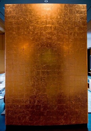 copper leaf gilded wall Copper Leaf Wall, Penthouse Modern, Gold Leaf Wall, Room Divider Headboard, Temporary Room Dividers, Office Room Dividers, Fabric Room Dividers, Glass Room Divider, Bamboo Room Divider