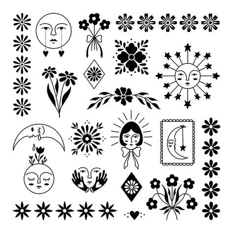 Folk Art Tattoo Flash, Mexican Folk Tattoo, Traditional Folk Tattoo, Talavera Tattoo, Modern Traditional Tattoos, 70s Tattoo Ideas, Flowers With Faces, Folk Art Tattoo, Folk Tattoo