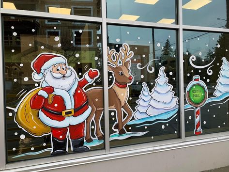 Christmas Window Paintings, Window Paintings, Santa Elves, Christmas Window Painting, Window Mural, Christmas Windows, Window Drawing, Christmas Window Decorations, Santa Elf