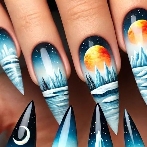 Tamara Margaryan on Instagram: "Arctic Landscape Nail Art  Experience the serene beauty of the Arctic with this unique nail art design. Featuring detailed elements like a red sailboat, icebergs, and an orange moon, these nails capture the essence of a tranquil, icy landscape. The balance of intricate design and plain nails creates a striking and elegant look.  #arcticdesign #manicureinspiration #creativenails" Sailboat Nail Art, Alaska Themed Nails, Alaska Nails, Landscape Nail Art, Red Sailboat, Icy Landscape, Arctic Landscape, Unique Nail Art, Orange Moon