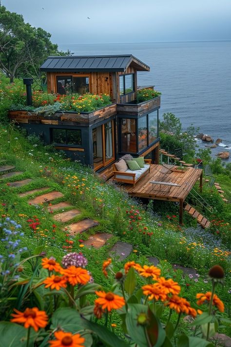 House In A Hill, Tiny House Aesthetic, Beachfront House, Village House Design, Cabins And Cottages, Cute House, House Goals, Alam Yang Indah, Pretty House