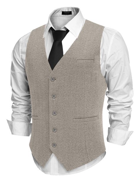 PRICES MAY VARY. 【Business Formal Vest Design】Men's vest is made from high quality material, which is comfortable and soft. Excellent craftmanship, durable and not easy to pill. It's vintage and blended with modern comfort. 【Casual And Elegant Looking】Men's dress vests is designed with V neck, 2 real side pockets,1 real chest pocket, 5-buttons closure, adjustable back strap offers you a more accurate fit. Pockets are sewn on, cut off the thread before use. 【Versatile Suit Vest】Men's business vest can be easily matched with shirts, jacket, suit pants or tuxedo which makes you elegant and handsome. You can also pair the vest with blue jeans for a casual look. 【Multiple Occasions】Men's waistcoat vests perfect for formal or casual occasions: business, office, meeting, wedding, banquet, graduat Camo Groomsmen Attire, Mens Dress Vests, Business Vest, Mens Vest Fashion, Vest Design, Formal Vest, Slim Fit Suit Men, Mens Waistcoat, Men's Waistcoat