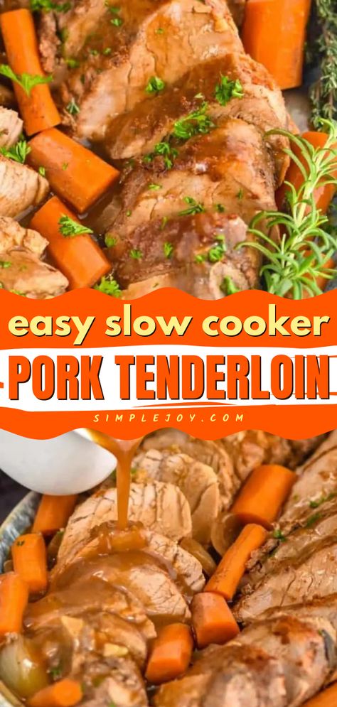 Learn how to cook Pork Tenderloin in the crock pot! This main dish is so easy. Thanks to a flavorful sauce, this slow cooker pork tenderloin recipe is a simple Easter dinner everyone will love. Save this Easter menu idea! Healthy Slow Cooker Pork Tenderloin, Pork Loin And Veggies Crock Pot, Low Carb Pork Tenderloin Recipes Crock Pot, Pork Tenderloin Recipes In Crockpot With Potatoes, How To Cook Pork Tenderloin In Crock Pot, Best Pork Tenderloin Recipe Crock Pots, Pork Tenderloin Slow Cooker Recipes, Frozen Pork Tenderloin In Crockpot, Pork Tenderloin Recipes In Crockpot Crock Pots