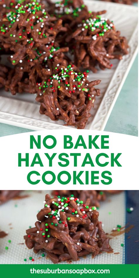 Easy NO BAKE Haystack Cookies are made with chocolate chips, butterscotch and chow mein noodles. Simple to make in just a few minutes, chow mein cookies make a great, quick last minute treat. No Bake Haystack Cookies, Chow Mein Noodle Cookies, Haystack Cookies, Haystacks Recipe, Potato Candy, Homemade Cookie, Christmas Cookies Easy, Holiday Snacks, Delicious Cookie Recipes