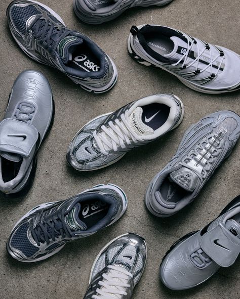 These sneakers in sleek silver and versatile grey are sure to turn heads 🩶 Shop the good looks from ASICS, New Balance, Salomon, and Nike online and in-store now. Clarks Wallabees, Dunks Nike, Head Shop, Adidas Campus, Nike Shox, Asics Shoes, Sporty And Rich, Grey Sneakers, Nike Acg