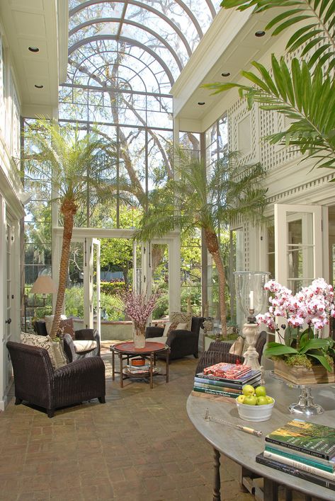 Paul Williams-designed home in Brentwood, CA - Eclectic - Sunroom - Los Angeles - by Drake Construction, Inc. | Houzz Glass Ceiling Design Living Room, Sunroom In House, Sunroom Courtyard, Pretty Houses Aesthetic, High Roof House, Sunroof House, Atrium House Indoor, Art Studio Exterior, Solarium House