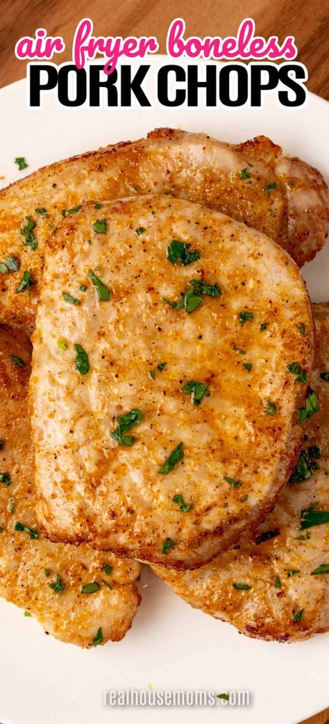 Tender, juicy, and oh so easy! Air Fryer Boneless Pork Chops are a savory, scrumptious, super easy weeknight dinner the whole family loves! #Realhousemoms #airfryer #boneless #porkchops #savory #easyrecipe #weekightdinner #familylove #summerrecipe #maindish Air Fryer Boneless Pork Chops Recipes, Tender Boneless Pork Chop Recipes, Pork Chops In The Air Fryer, Air Fryer Pork Chops Boneless, Butterfly Pork Chop Recipes, Air Fryer Boneless Pork Chops, Baked Boneless Pork Chop Recipes, Fried Boneless Pork Chops, Pork Loin Chops Recipes