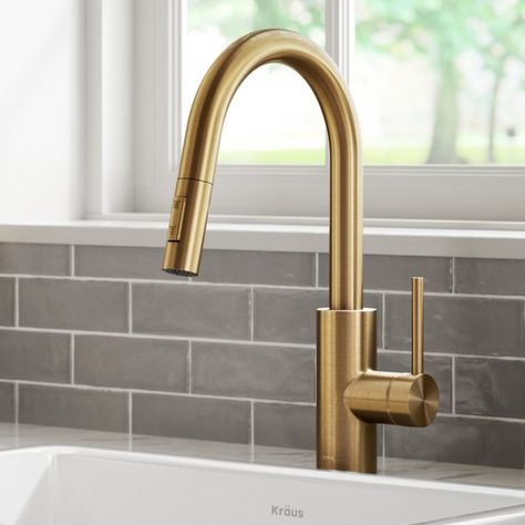 Kraus Oletto Single Handle Pull Down Kitchen Faucet in Brushed Brass Finish - Walmart.com Commercial Kitchen Faucet, Kitchen Faucet With Sprayer, Brass Kitchen Faucet, Kitchen Refresh, Single Handle Kitchen Faucet, Brass Kitchen, Gold Kitchen, Champagne Bronze, Kitchen Hardware