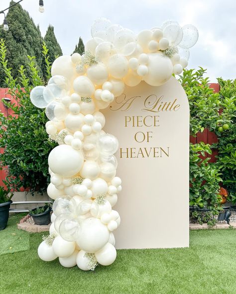 A little piece of heaven welcome shower ✨ We absolutely loved this theme. A baby is the biggest blessing in a mothers life 💕 To get a quote please email us at info@luxanballoons.com Or fill out our inquiry form on our website at www.luxanballoons.com Heaven On Earth Theme Party, Heaven Sent Gender Reveal Ideas, Heavenly Baby Shower Theme, Baby Shower Heaven Sent Theme, Heaven Sent Balloon Arch, A Little Piece Of Heaven Gender Reveal, A Piece Of Heaven Baby Shower Theme, Little Piece Of Heaven Baby Shower Theme Girl, Piece Of Heaven Baby Shower Theme