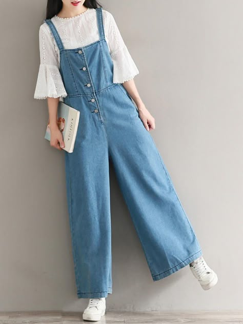 Celana Jogger Wanita, Hijab Stile, Jumpsuits Casual, Wide Leg Jumpsuits, Men Moda, Jumpsuit Outfits, Pants Jumpsuit, Jumpsuits Women, Denim Wide Leg