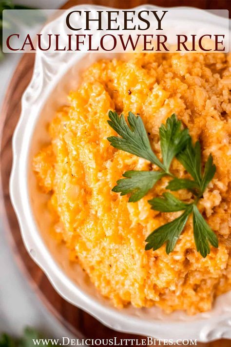 Cheesy Cauliflower Rice is sure to be your new favorite rice-alternative side dish recipe. Riced cauliflower is coated in a super creamy cheese sauce that is naturally low carb, keto-friendly, and gluten free. Even the most cauliflower-adversed will love this recipe! Cheesy Riced Cauliflower, Rice Alternative, Cheesy Cauliflower Rice, Cauliflower Rice Casserole, Low Carb Rice, Creamy Cheese Sauce, Riced Cauliflower, Corn Chowder Recipe, Cauliflower Rice Recipes