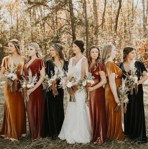 Jenny Yoo Collection on Instagram: “When you can't decide on which color of velvet to go with, just do em' all. 😍 Babes in the Ellis in Marigold, English Rose and Emerald 👏…” Velvet Bridesmaid, Fall Wedding Color Palette, Fall Bridesmaids, Fall Bridesmaid Dresses, Velvet Bridesmaid Dresses, Festival Bride, Bridesmaid Dress Colors, Bridesmaid Dresses Online, Theme Color