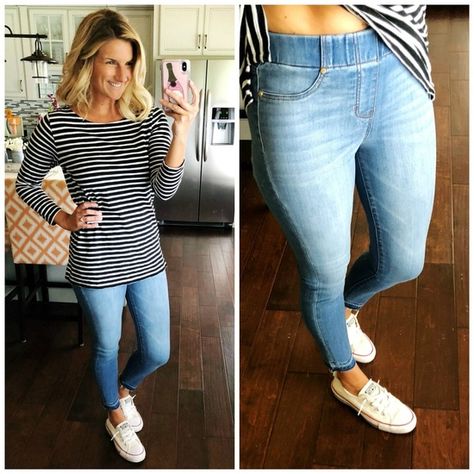 What to wear with Pull on Jeans // Release Hem Pull On Jeggings // Striped Top with Pull On Jeggings and Converse // Comfortable Sneakers under $50 // How to Style Converse Sneakers // What to wear to kids activities // Spring Outfit // Spring Fashion // Outfit of the Day #shopthelook #whattowear #howto #whattowearwithpullonjeans #pullonjeggings #stripedtop #converse #comfortablesneakers #howtostyleconverse #whattowear #springoutfit #springfashion #ootd #outfitinspiration Professional Jeans, Summer Work Outfits Curvy, Casual Chique, Summer Work Outfits, Pull On Jeans, Teacher Style, Stylish Work Outfits, Formal Casual, Casual Work Outfits