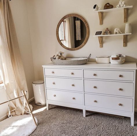 Ikea Hemnes Changing Table Hack, Ikea Malm Dresser Changing Table, Hemnes Change Table, Round Mirror Nursery Changing Tables, Ikea Hemnes Changing Table, Nursery Paint, Nursery Paint Colors, Cozy Baby Room, Parents Bedroom