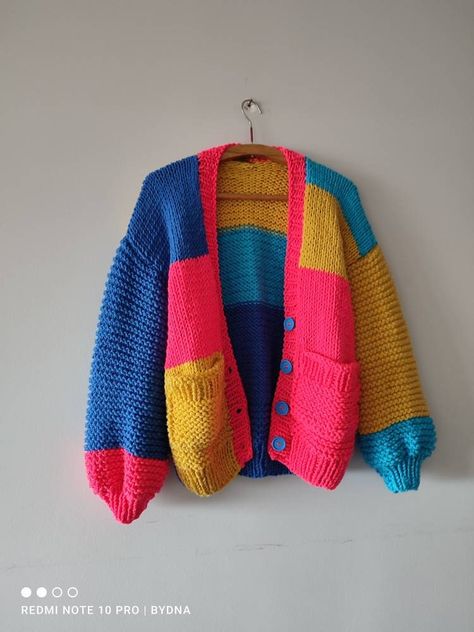 Excited to share the latest addition to my #etsy shop: Unisex large cardigan, colorblock sweater, trendy neon color clothes, woman unique gifts, cardigan with buttons and pockets, handmade gifts https://etsy.me/3lKTl0I Cardigan Outfit Colorful, Neon Cardigan Outfit, Fun Cardigan, Crochet Cardigan Tutorial, Colorful Cardigan, Cardigan With Buttons, Color Clothes, Crochet Shrug Pattern, Crochet Sweater Pattern Free