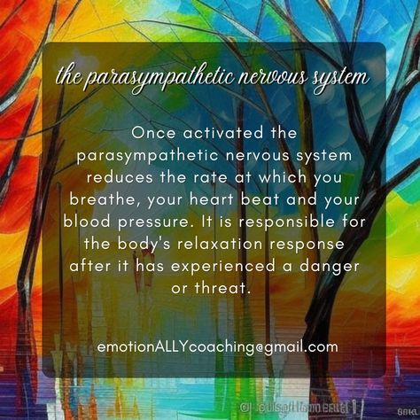 Activating your parasympathetic nervous system can reduce stress. Gentle exercise, meditation, nature, breathwork, music, sunshine, pets, massage and creative projects can all help to activate your parasympathetic nervous system. This helps to regulate stress hormones, release acetylcholine, and return the body to a relaxed state after a threat has been experienced. #parasympathetic #parasympatheticnervoussystem #reducestress #relax #psychoeducation Activate Parasympathetic Nervous System, Gentle Exercise, Meditation Nature, Relaxation Response, Parasympathetic Nervous System, Post Traumatic, Coping Skills, Nervous System, Blood Pressure