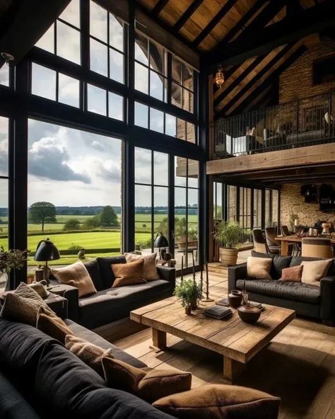 Modern Rustic Living Room Decor Mountain Home Interiors, House Additions, Modern Rustic Homes, Casa Vintage, Modern Cabin, Dream House Interior, Barn House, Ranch House, Large Windows