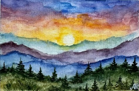 ACEO Original watercolor painting Blue Ridge Art Smoky Mountains Painting | eBay Simple Mountain Landscape Painting, Landscape Paintings Simple, Mountain Range Painting, Sketch Photography, Wall Art Mountains, Felting Inspiration, Mountains Painting, Easy Landscape Paintings, Art Mountains