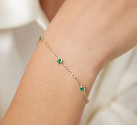 Gold Emerald Bracelet, Classic Formal Emerald Bracelets, Dainty Yellow Gold Emerald Jewelry, Emerald Bracelet Simple, Gold And Emerald Bracelet, Diamond By The Yard, Classy Minimalist, Wedding Jewelery, Station Bracelet