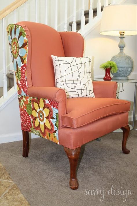 Savvy Design wing back chairWhen I do get started on this chair, however, I am probably going to do something with a solid back and a patterned front, or vice versa. I LOVE that! Here’s a great look from Savvy Design blog that I will be going for Upholstery Ideas, Orange Chair, Reupholster Chair, Reupholster Furniture, Upholstery Diy, Stair Case, Fabric Diy, Funky Furniture, Chair Upholstery