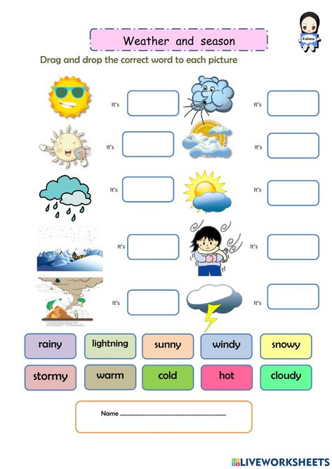 Weather and seasons interactive activity for Grade 4. You can do the exercises online or download the worksheet as pdf. 4 Seasons Worksheets For Kids, Teaching Seasons, Weather And Seasons Worksheet, Weather Quiz, Seasons Worksheets, Worksheets For Class 1, Weather Worksheets, Weather Vocabulary, Seasons Activities